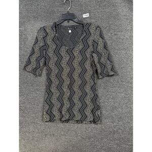 BKE Boutique Shirt Womens Medium Black Sheer Zigzag Lace Top Geometric